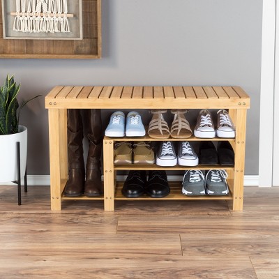 Natural Bamboo 3-Tier Shoe and Boot Rack Bench with Seat