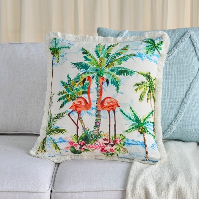 Tropical Flamingos and Palm Trees Multicolor Cotton Throw Pillow