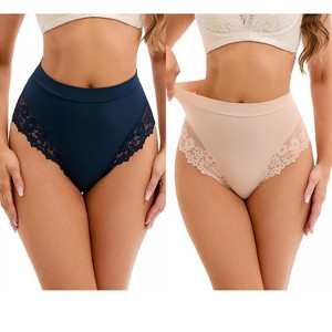 INSPIRE CHIC 2 Pcs Women's Lace Trim High-Waisted Briefs Tummy Control Underpants - 1 of 4
