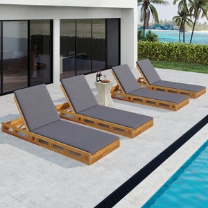 Christopher Knight Home Klayton Outdoor Acacia Wood Adjustable Chaise Lounge with Water-Resistant Cushion and Slatted Base (Set of 4) - 1 of 4