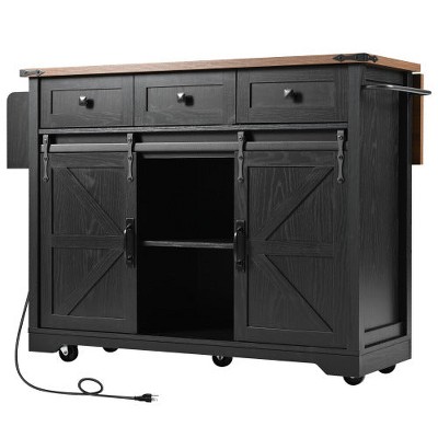 LunaLulinlk 53.7" Farmhouse Kitchen Island with Power Outlet, 2 Sliding Barn Door Kitchen Storage Island with Drop Leaf