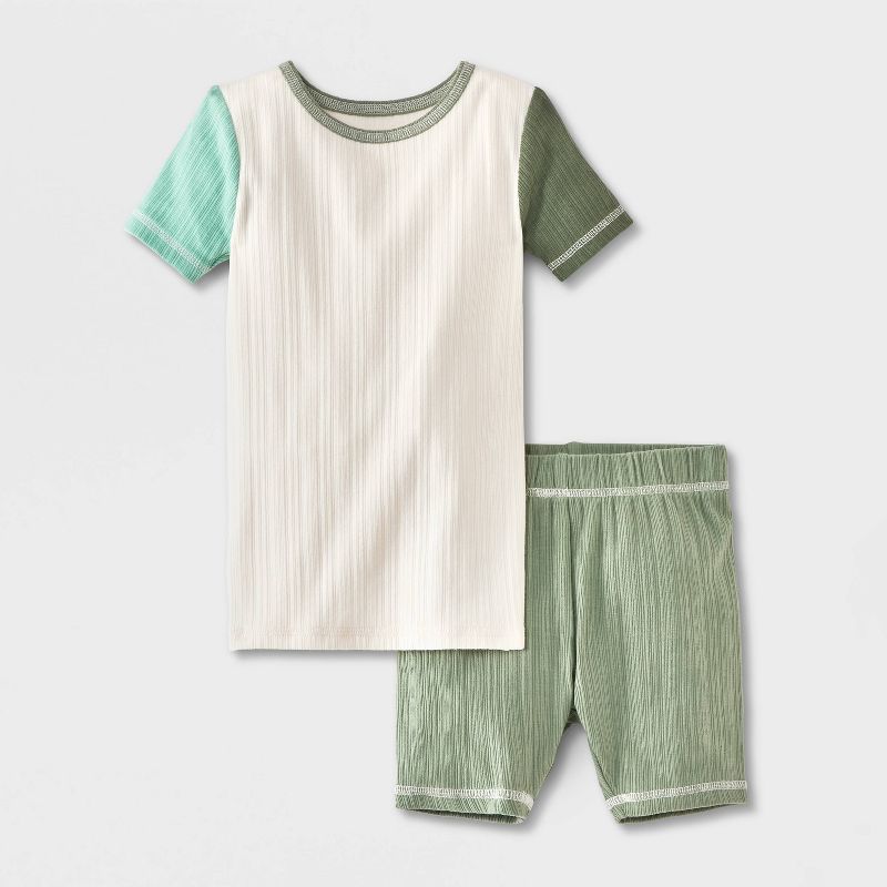 Baby Boys' 2pc Cozy Knit Ribbed Tight Fit Colorblock Pajama Set - Cat & Jack™ - Green/Cream 12M