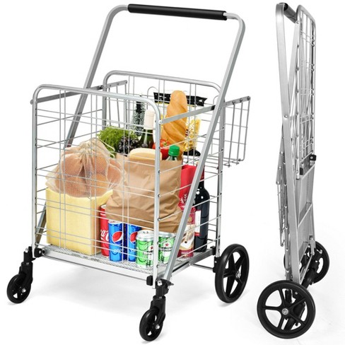 Folding Shopping Cart Heavy Duty Grocery Rolling Utility Cart with Handle  Silver
