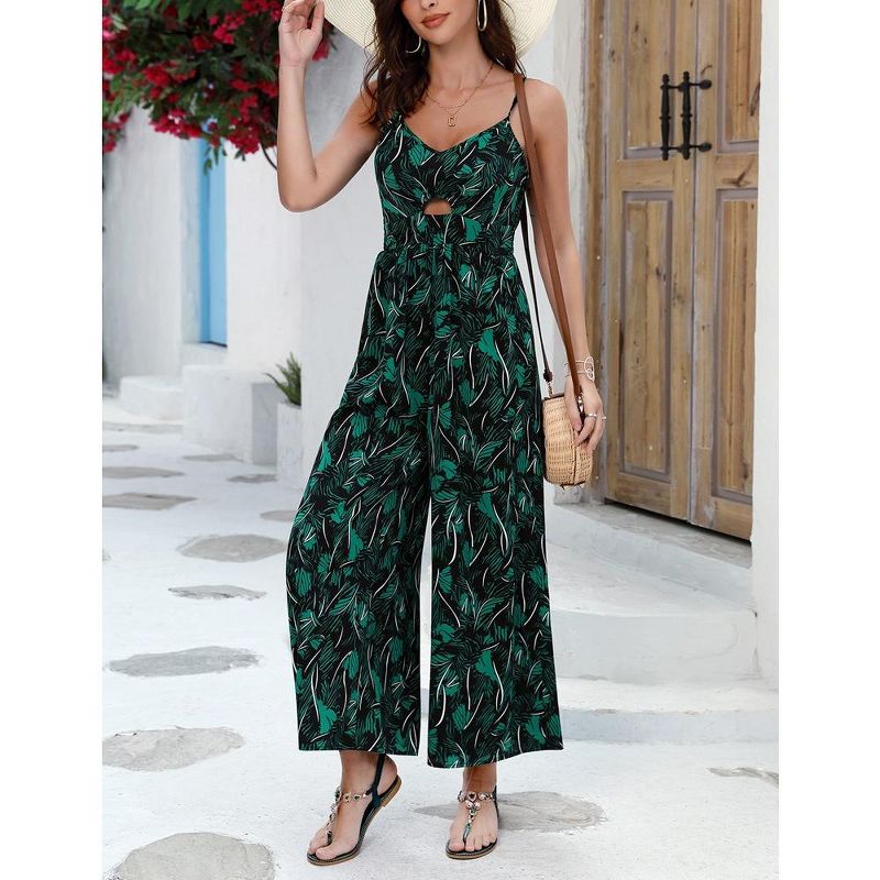 Women's Summer V Neck Spaghetti Strap Sleeveless Jumpsuits CutOut Smocked Long Wide Leg Rompers With Pockets, 5 of 7