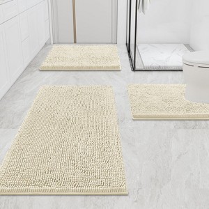 Home Mart Goods 3 Piece Set Cream Soft Cozy Plush Chenille Bath Mat Highly Absorbent Bathroom Rug - 1 of 4
