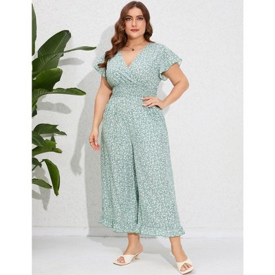 Women's Plus Size Wide Leg Summer Jumpsuits Loose Short Sleeve One Piece Outfit Smocked Waist Floral Green Flower 4XL