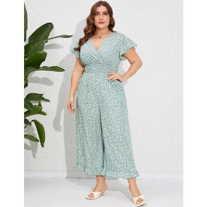 Women's Plus Size Wide Leg Summer Jumpsuits Loose Short Sleeve One Piece Outfit Smocked Waist Floral Green Flower 5XL - 1 of 4