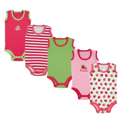 Luvable Friends Baby Girls Cotton Sleeveless Bodysuits 5pk, Pink Strawberry