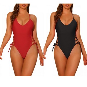 Elerevyo Women's Lace Up Criss Cross Plunge Monokini Side Tie Strappy Swimwear Bathing Suits 2 Sets - 1 of 4