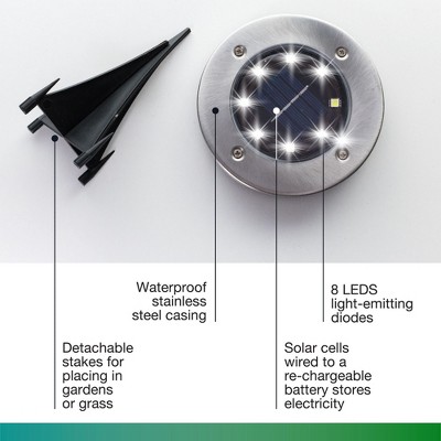 Stainless Steel Solar-Powered LED Pathway Disk Lights, 4-Pack