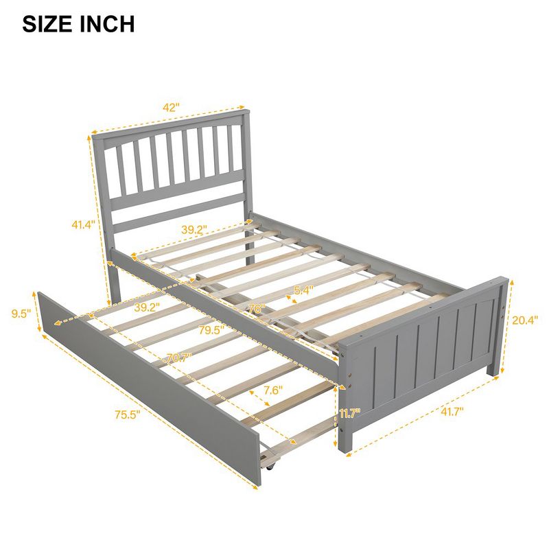 Twin Size Platform Bed Frame, Trundle Bed With Solid Wood Legs And Frame, Slats Support, Trundle Kids Trundle Bed, 2 of 7