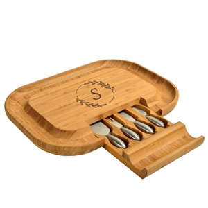Picnic at Ascot - Large Personalized Bamboo Charcuterie Board with Integrated Drawer holding 4 Piece Knife Set - 17.5" x 13" - 1 of 4