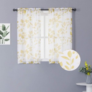 Leaf Printed Pattern Linen Textured Sheer Kitchen Curtains - 1 of 4