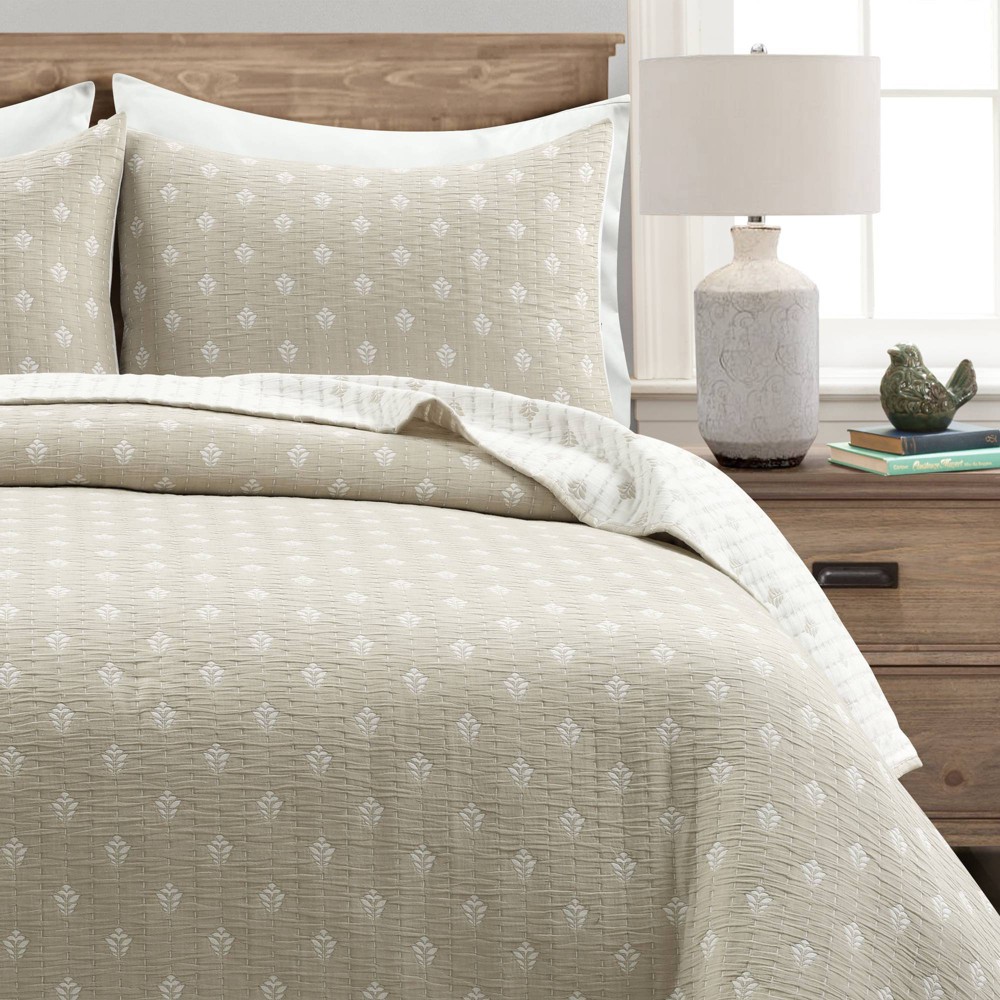 Photos - Bed Linen 3 pc King Hygge Kantha Pick Stitch Yarn Dyed Cotton Jacquard Quilt Set Neutral/Off-White - Lush Décor