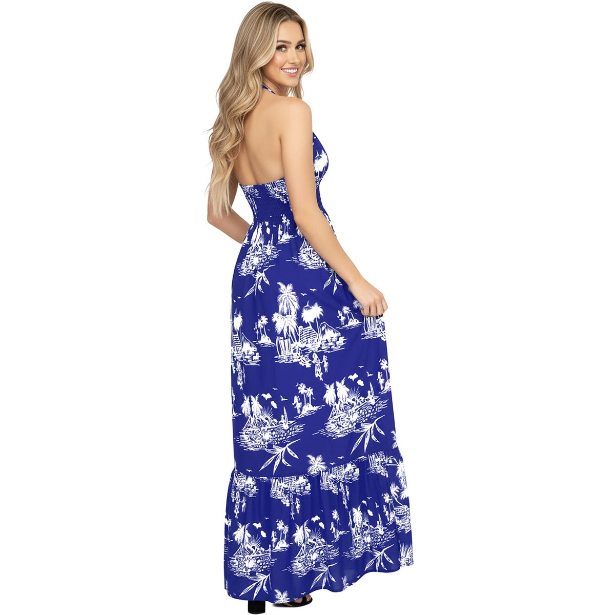 LA LEELA Women's Bandeau Maxi Dress Beach Tropical Cruise Tube Dress Long Boho Vacation Holiday Evening Wear Flowy S-M Blue Tree - thumbnail 2