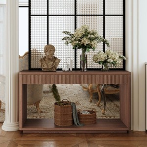 60" Farmhouse Walnut Entryway Console Table with 2 Fluted Drawers and Shelf, Wood Veneer Hallway Table for Living Room - Panipeachy - 1 of 4