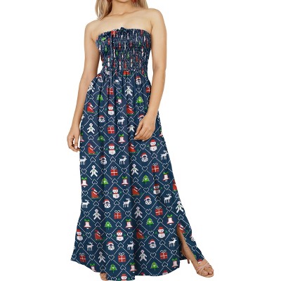 HAPPY BAY Women's A line Slit Maxi Casual Beach Vacation Dress Tube Top Evening Long Strapless Christmas Holiday Dresses for Women L-XL Gifts Navy