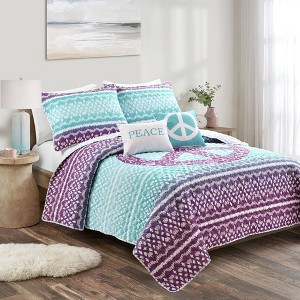5pc Peace Ombre Kids' Quilt Set Purple/Blue - Lush Décor: Girls Bedding, Peace Sign Bedspread, Full/Queen, 2 Pillows - 1 of 4
