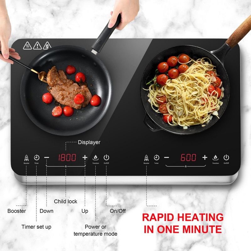 COOKTRON Portable Double Burner Quick-Heat Electric Induction Cooktop w/Booster Mode, Timer, 10 Temperature Levels, 9 Power Levels & Child Safety Lock, 3 of 8