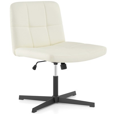 Tangkula Modern Criss Cross Chair PU Leather Upholstered Armless Cross Legged Office Desk Chair No Wheels Beige/Brown