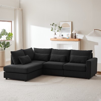 TIRAMISUBEST 4-Piece L-Shaped Sectional Sofa with 4 Lumbar Pillows, Convertible Linen Couch with Ottoman