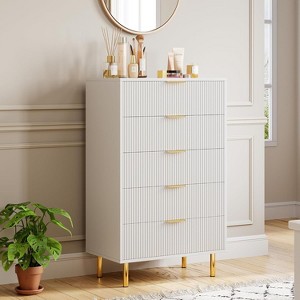 5 Drawer Fluted Wood Dresser for Bedroom, 29.5" Wide Large Modern Chest of Drawers, White Dresser with Gold Handle, TV Stand - 1 of 4
