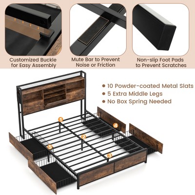Queen Size Vintage Brown Bed Frame with Bookcase Headboard and Storage Drawers