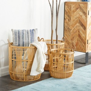 Set of 3 Wood Baskets Brown - Olivia & May: Decorative Tall Storage with Handles, Bohemian Style, Round Shape - 1 of 4
