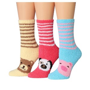 Tipi Toe Women's 3-Pairs Cozy Microfiber Anti-Skid Rainbow Jungle Patterned Fuzzy Crew Socks - 1 of 1