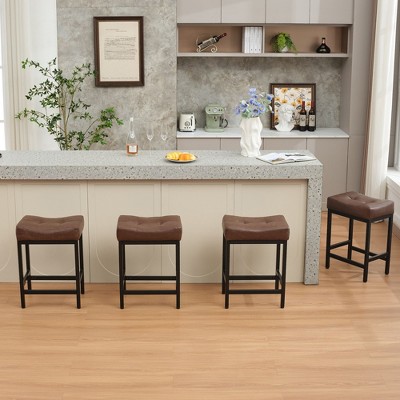 Hyleory Bar Stools Set of 4, 24'' Counter Height Stools Saddle Stools with Metal Leg, Faux Leather Modern Kitchen Barstools(set of 4)