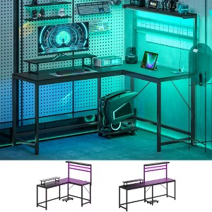 HOMCOM 61.6" L Shaped Desk with Power Outlets & LED Lights, Convertible Computer Desk with Monitor Stand and Computer Shelf for Home Office - 1 of 4