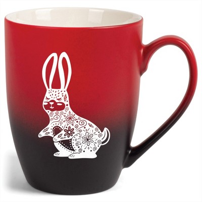 Elanze Designs 12 Ounce Vibrant Two Toned Ombre Ceramic Tea Coffee Cup Mug Red Black Gentle Floral Rabbit