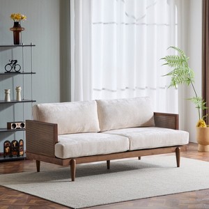 72" Square Arm 3-Seater Sofa, Boucle Fabric Upholstery, Natural Cane Rattan Weave, Solid Wood Frame,Natural+Beige -- Frevyn - 1 of 4