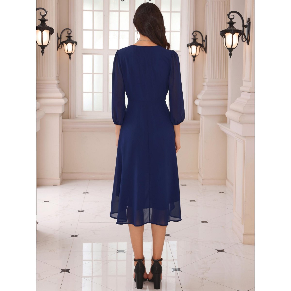 Женские платья INSPIRE CHIC Women's V Neck Sheer 3/4 Sleeve Wrap Cocktail Midi Dresses X-Large Navy Blue — фото 4