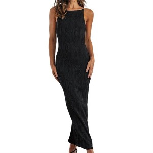 Women Slim-Fit Ribbed Spaghetti Strap Maxi Dress Bodycon Evening Gown - 1 of 4