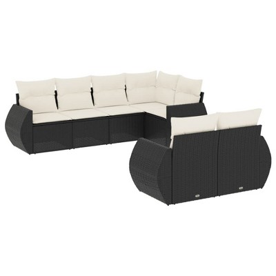 vidaXL 7 Piece Patio Sofa Set with Cushions Black and Cream Poly Rattan