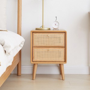 Solid Wood Bedside Cabinet, North America FAS Grade Oak, Handwoven Rattan Surface-- Frevyn - 1 of 4