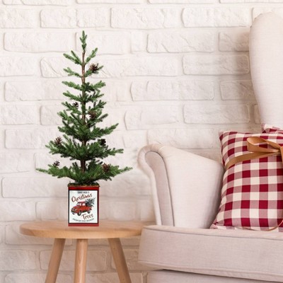 24-Inch Unlit Fir Christmas Tree with Pinecones in Red Metal Pot