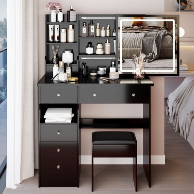 Vanity Table with Touch Sliding Tri-Color LED Mirror,Cushioned Stool and Storage Drawers for Bedroom–The Pop Home