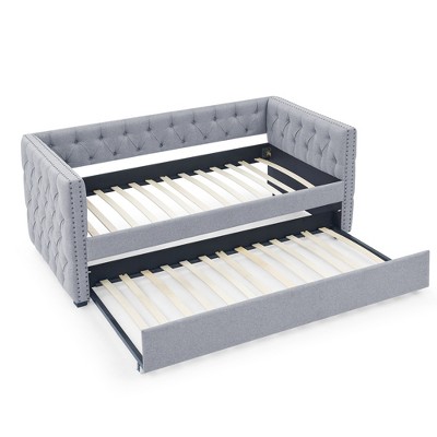 VYNXARIA Cozy Gray Tufted Daybed with Twin - Sized Trundle: Button - Adorned Square Arms for Ultimate Comfort