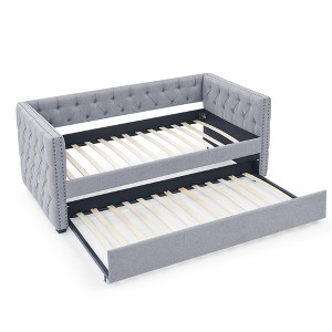 VYNXARIA Cozy Gray Tufted Daybed with Twin - Sized Trundle: Button - Adorned Square Arms for Ultimate Comfort - 1 of 4