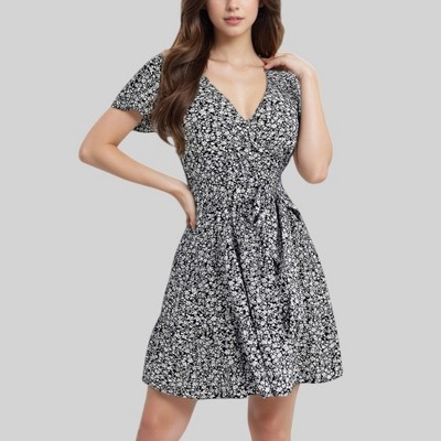 Anna-Kaci Women's Floral Print Wrap Dress with Short Flutter Sleeves