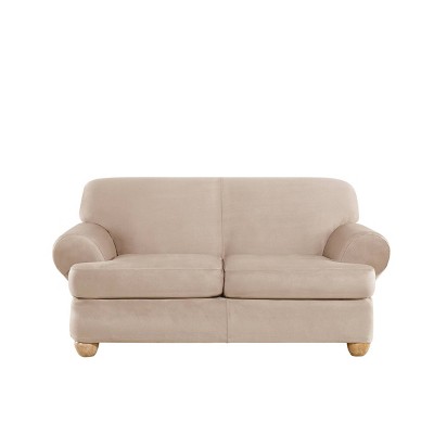 3pc Ultimate Stretch Suede T Cushion Sofa Slipcovers Cement - Sure Fit: Polyester & Spandex, Machine Washable