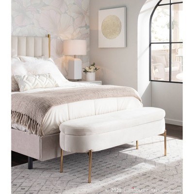 48" Chloe White Velvet Upholstered Storage Bench with Gold Base