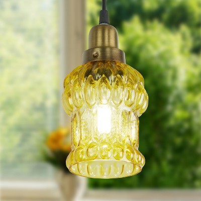 Yellow Textured Glass and Gold Metal Pendant Light, Adjustable Height