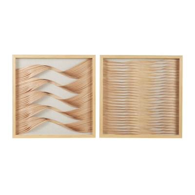 (Set of 2) 23.5" Square Framed Wood Ribbon Shadow Boxes Wall Art Beige/Natural - Olivia & May