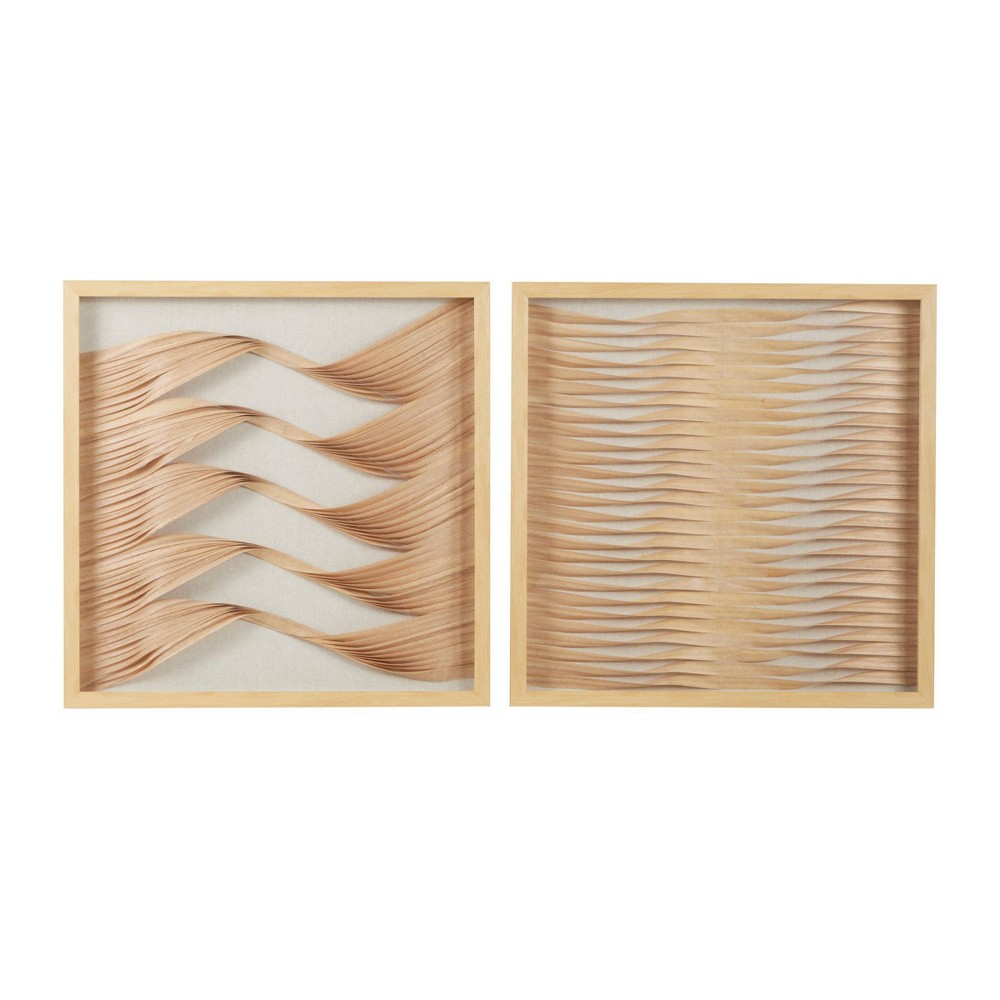 Photos - Other interior and decor Wood Abstract Handmade Shadow Box with Rattan Weaving Set of 2 Brown - Oli