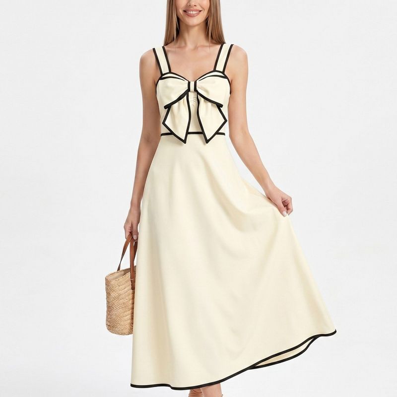 Anna-Kaci Women's Bow Front Maxi Dress with Contrast Trim and Wide Straps - Small, Light Beige