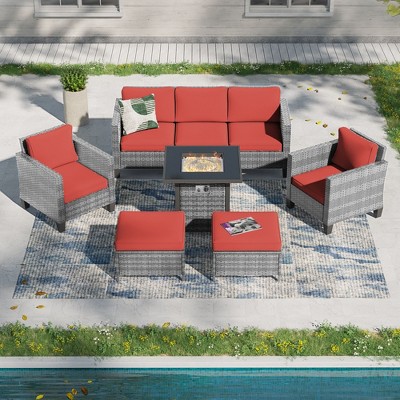 Sonkuki 6 Pieces Patio Sofa with Square Fire Pit Table and Ottomans, Wicker Conversation Couch,  Navy Blue Cushion