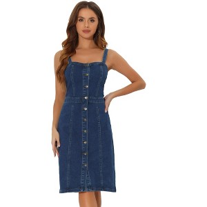 Allegra K Women's Button Down Sweetheart Neckline Sleeveless Summer Knee Length Denim Bodycon Sundress - 1 of 4